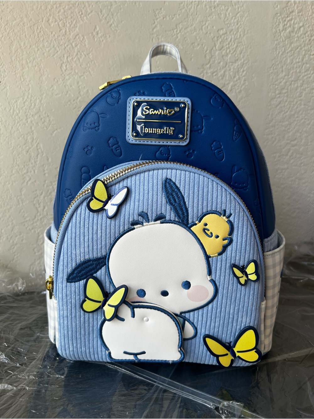 NWT Loungefly Sanrio Pochacco Blue Gingham Butterfly Moving Butt Mini Backpack